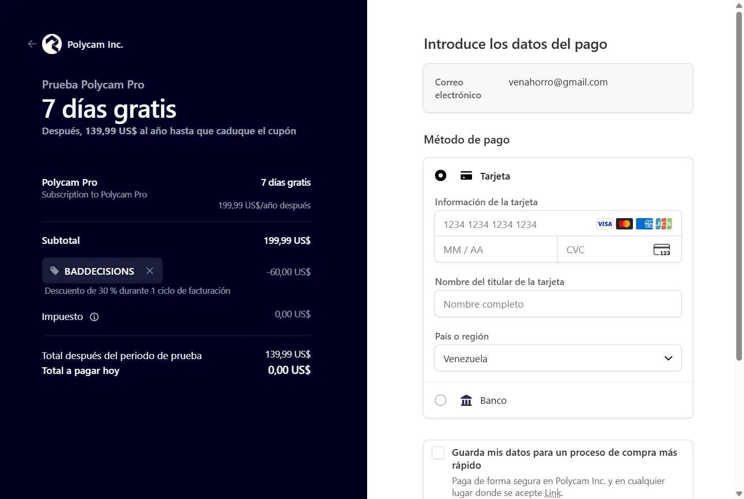 Polycam checkout page showing Polycam promo code box | Screenshot taken by SimplyCodes community member on Nov 13, 2025