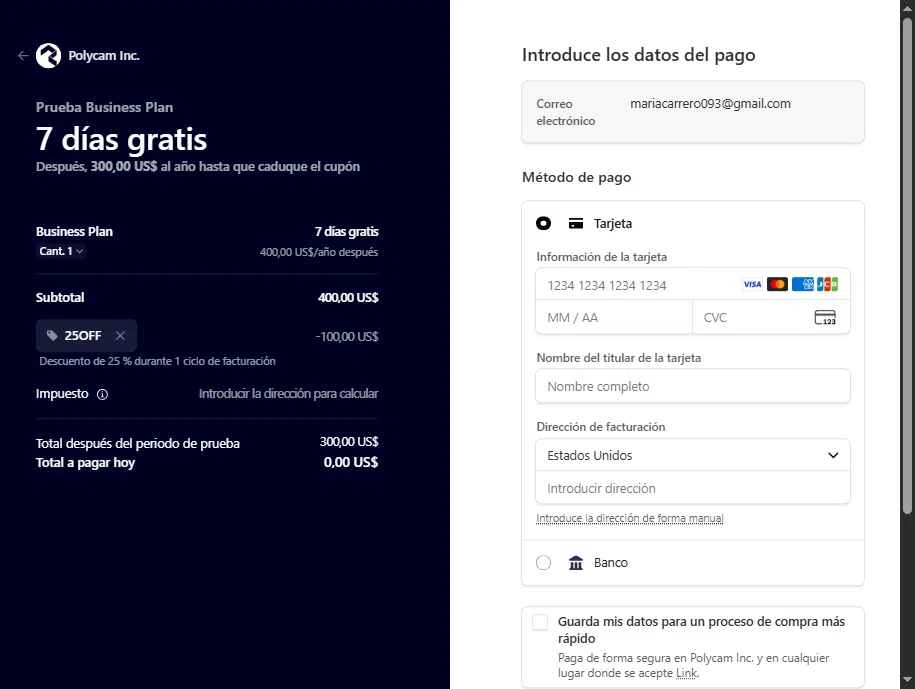 Polycam checkout page showing Polycam promo code box | Screenshot taken by SimplyCodes community member on Jan 9, 2026