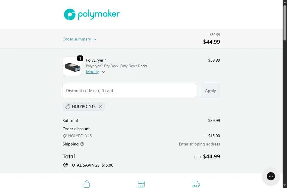 Polymaker checkout page showing Polymaker discount code box | Screenshot taken by SimplyCodes community member on Jan 22, 2026
