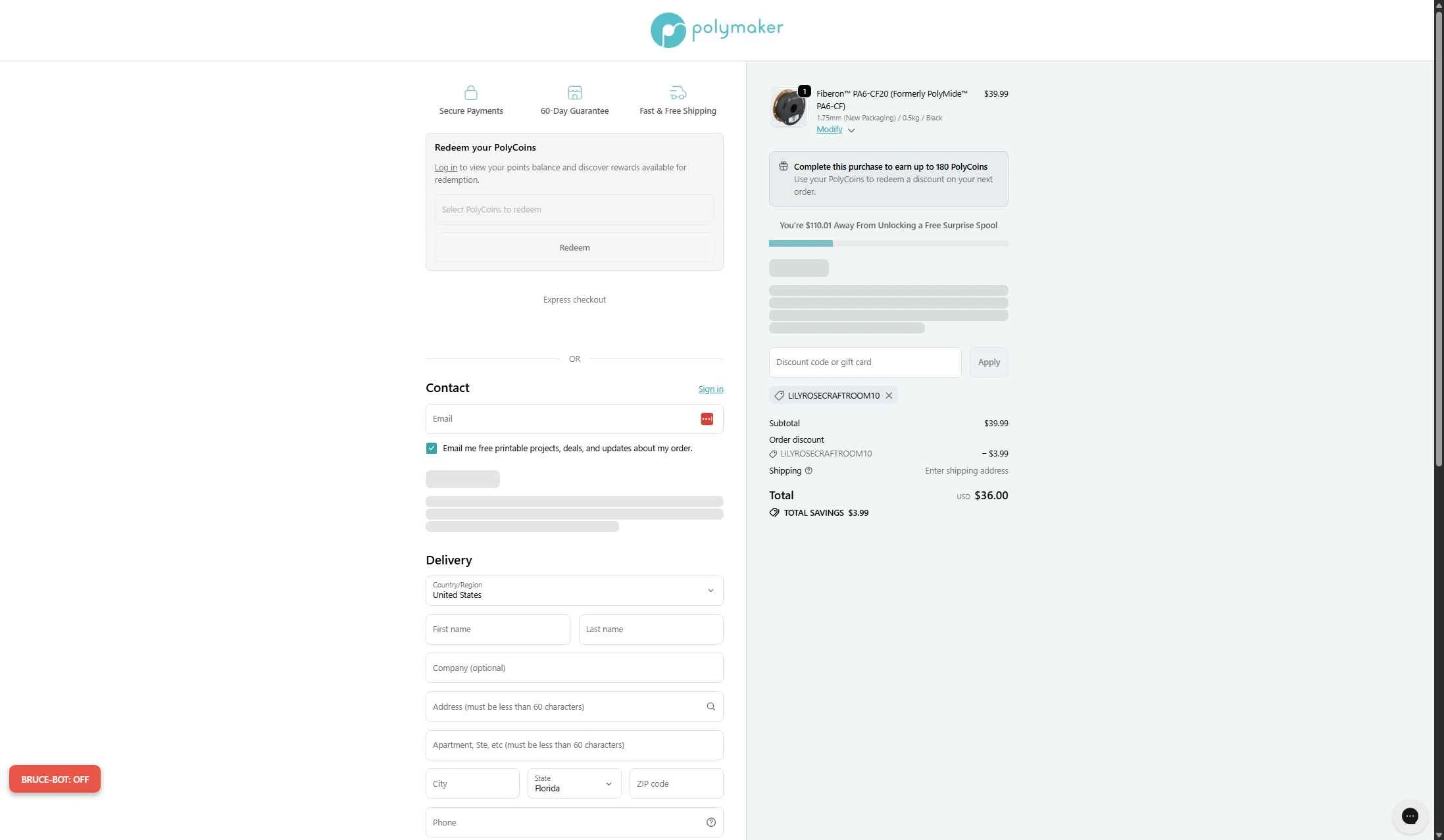 Polymaker checkout page showing Polymaker discount code box | Screenshot taken by SimplyCodes community member on Jan 2, 2026