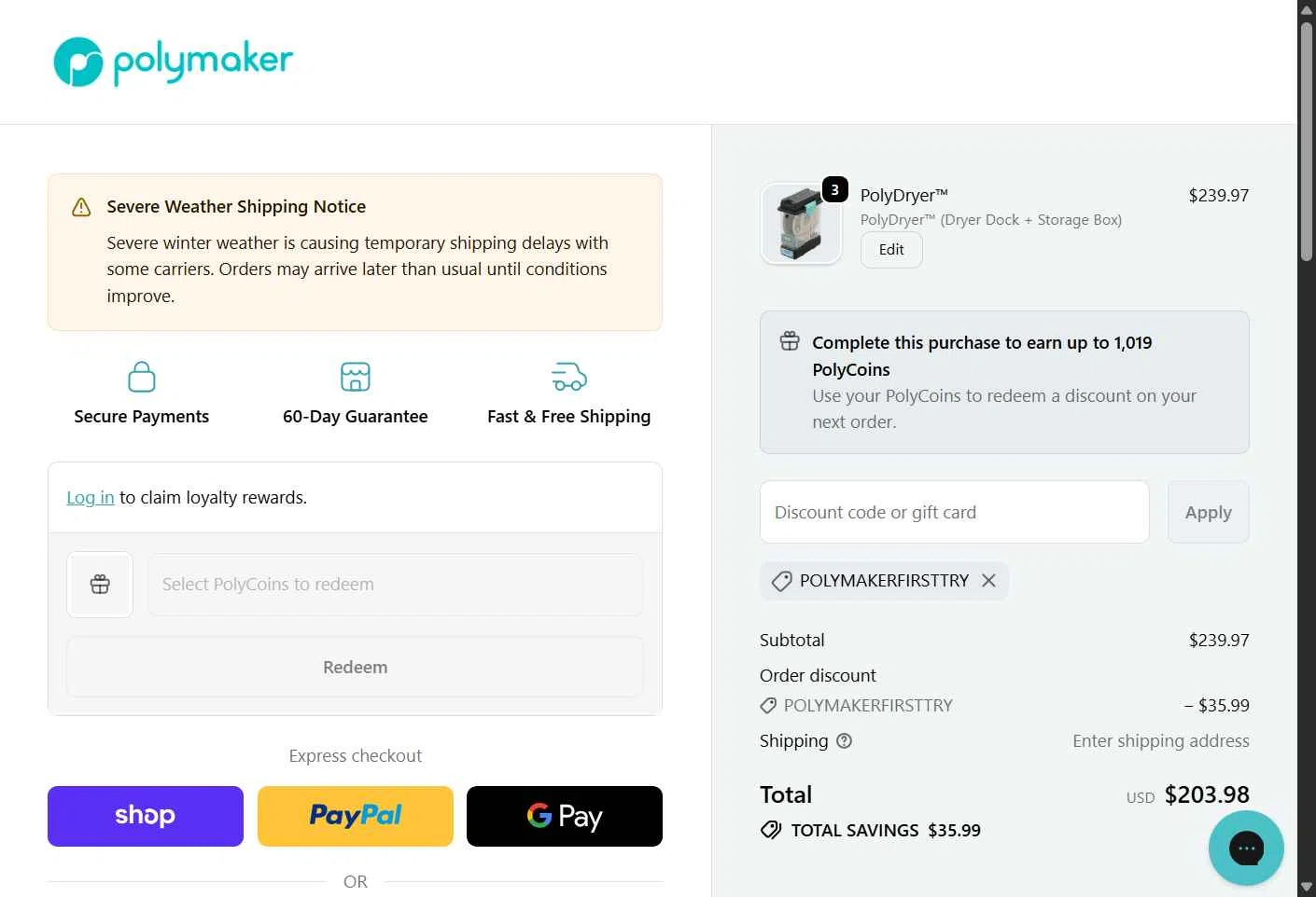 Polymaker checkout page showing Polymaker discount code box | Screenshot taken by SimplyCodes community member on Feb 3, 2026