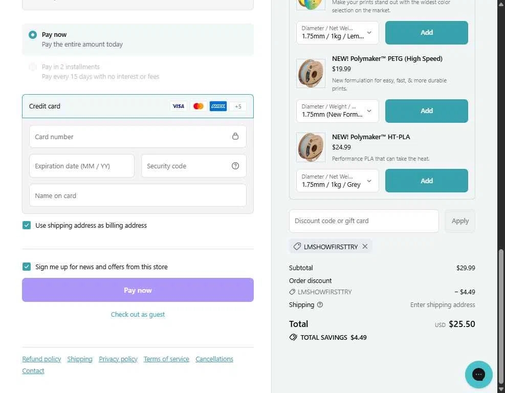 Polymaker checkout page showing Polymaker discount code box | Screenshot taken by SimplyCodes community member on Jan 31, 2026