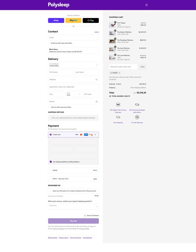 Polysleep checkout page showing Polysleep promo code box | Screenshot taken by SimplyCodes community member on Sep 3, 2025