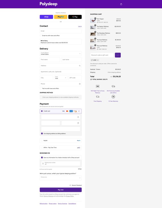 Polysleep checkout page showing Polysleep promo code box | Screenshot taken by SimplyCodes community member on Sep 3, 2025