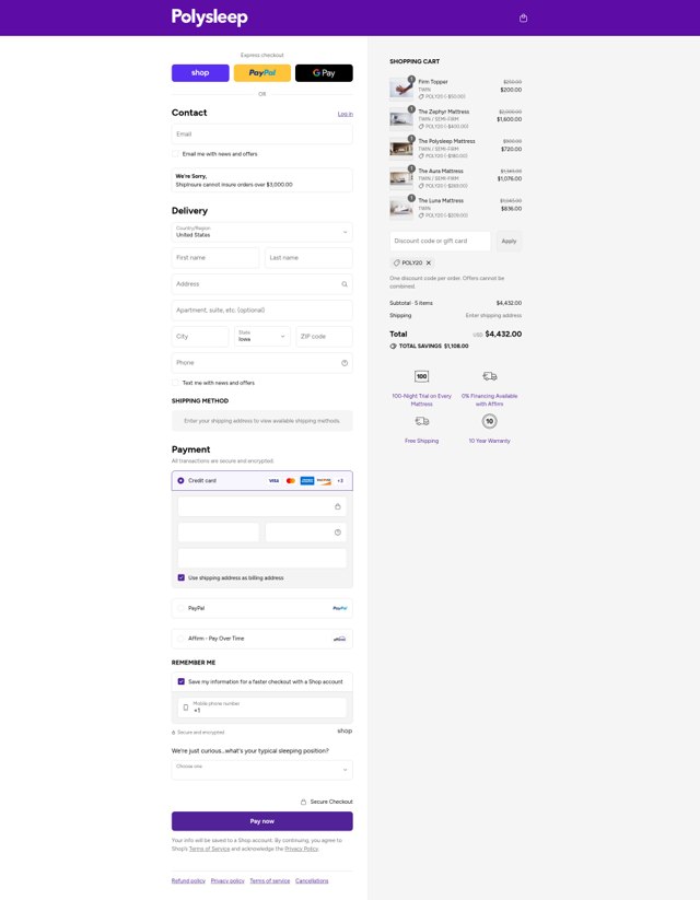 Polysleep checkout page showing Polysleep promo code box | Screenshot taken by SimplyCodes community member on Sep 3, 2025