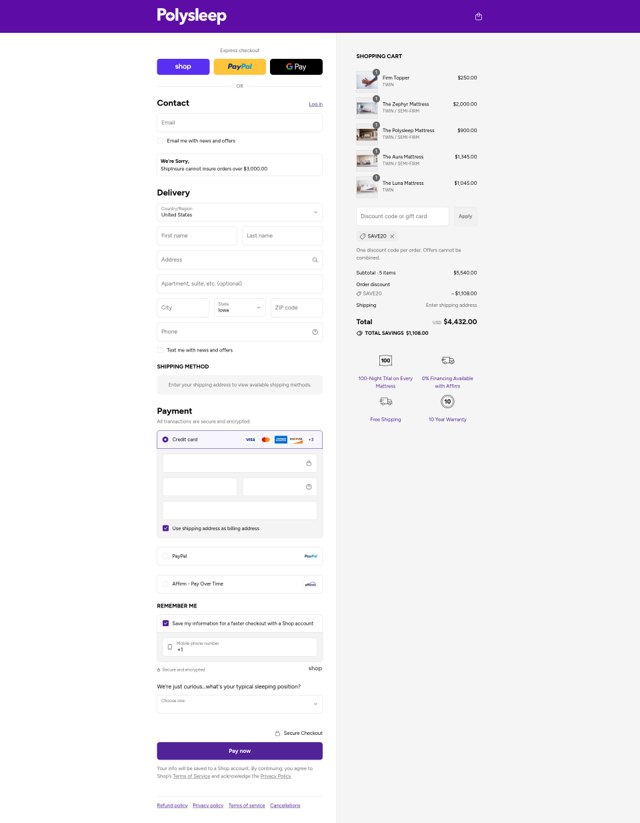 Polysleep checkout page showing Polysleep promo code box | Screenshot taken by SimplyCodes community member on Sep 3, 2025