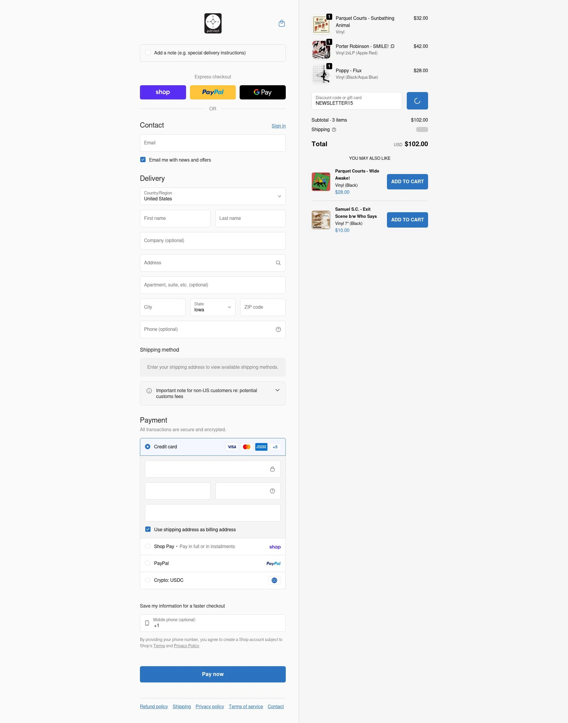 Polyvinyl Record Co. checkout page showing Polyvinyl Record Co. promo code box | Screenshot taken by SimplyCodes community member on Jan 31, 2026
