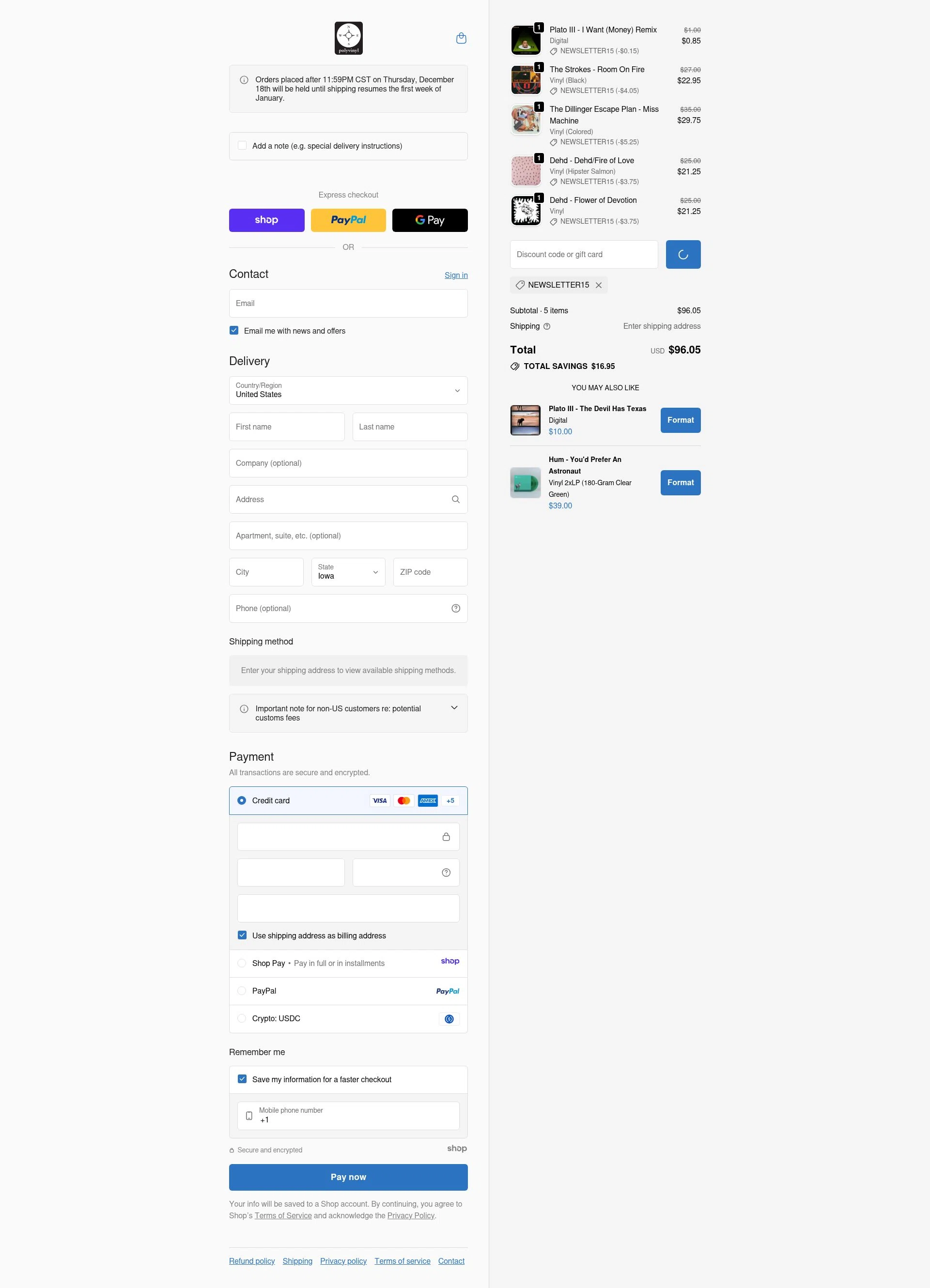 Polyvinyl Record Co. checkout page showing Polyvinyl Record Co. promo code box | Screenshot taken by SimplyCodes community member on Jan 2, 2026
