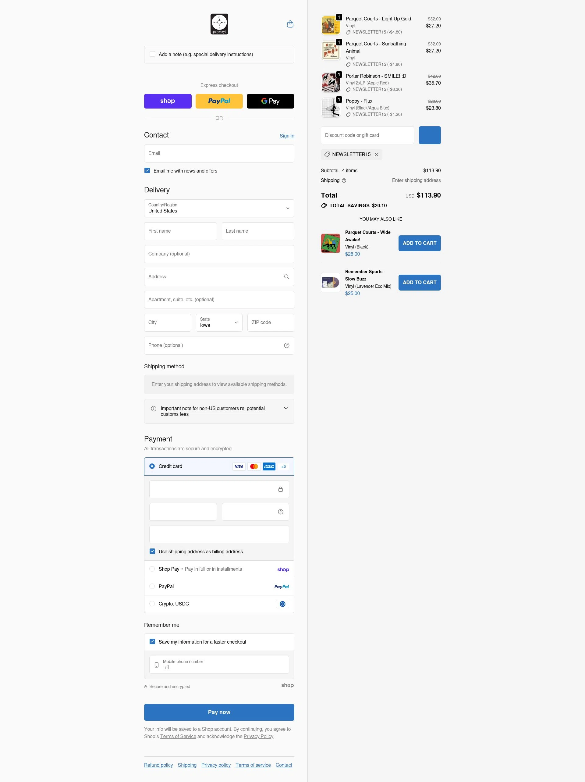 Polyvinyl Record Co. checkout page showing Polyvinyl Record Co. promo code box | Screenshot taken by SimplyCodes community member on Jan 22, 2026