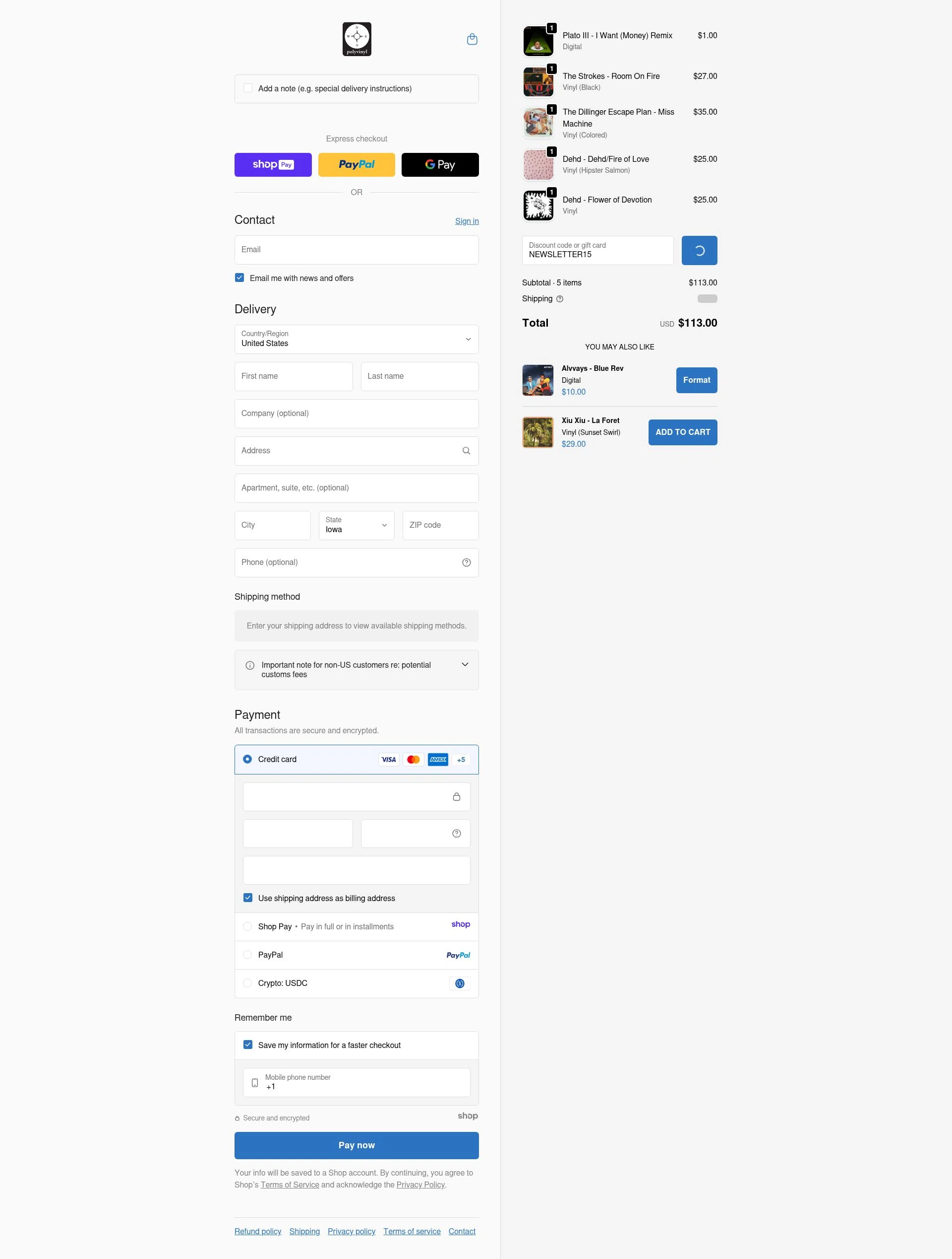 Polyvinyl Record Co. checkout page showing Polyvinyl Record Co. promo code box | Screenshot taken by SimplyCodes community member on Jan 7, 2026