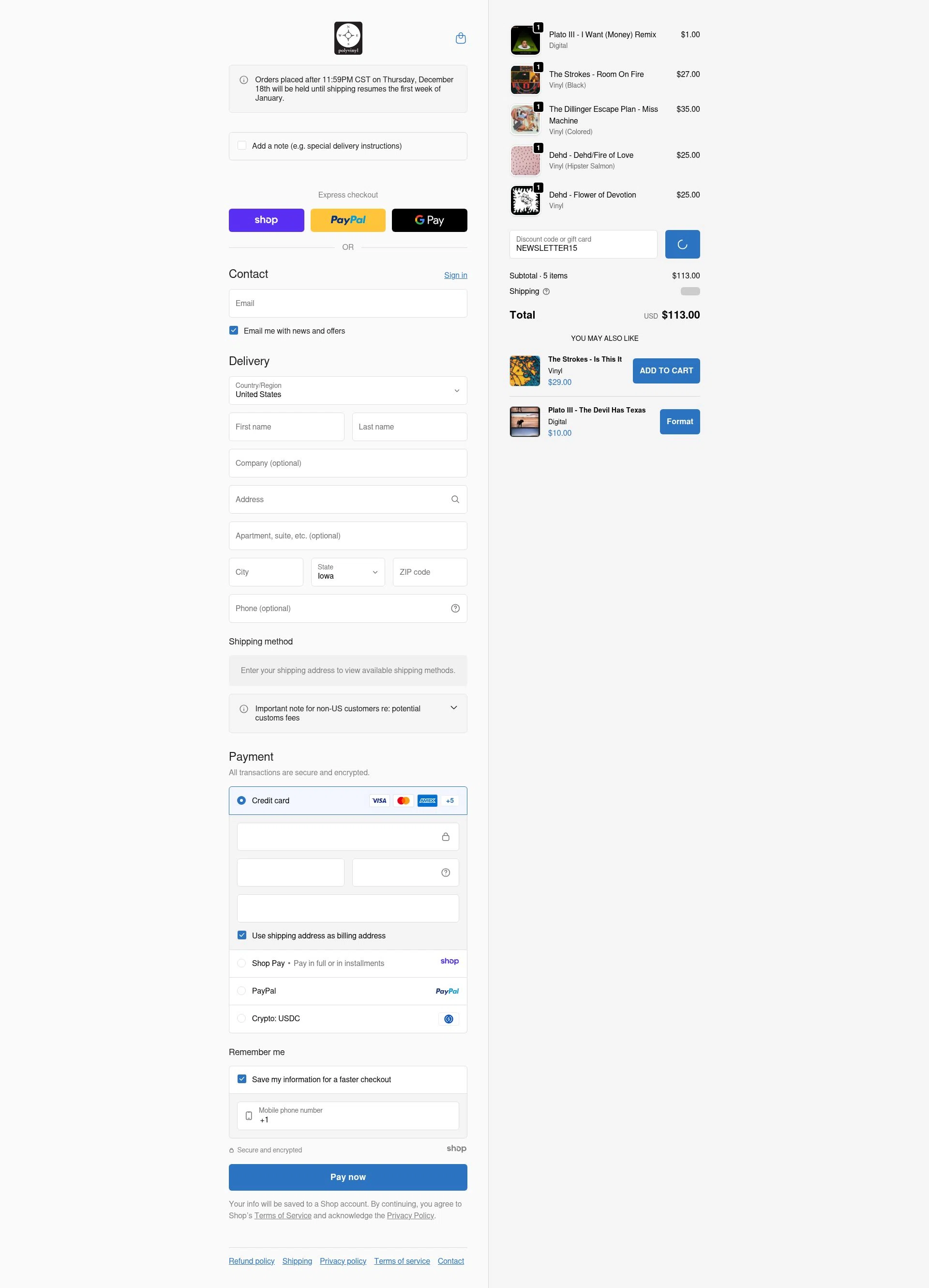 Polyvinyl Record Co. checkout page showing Polyvinyl Record Co. promo code box | Screenshot taken by SimplyCodes community member on Dec 28, 2025