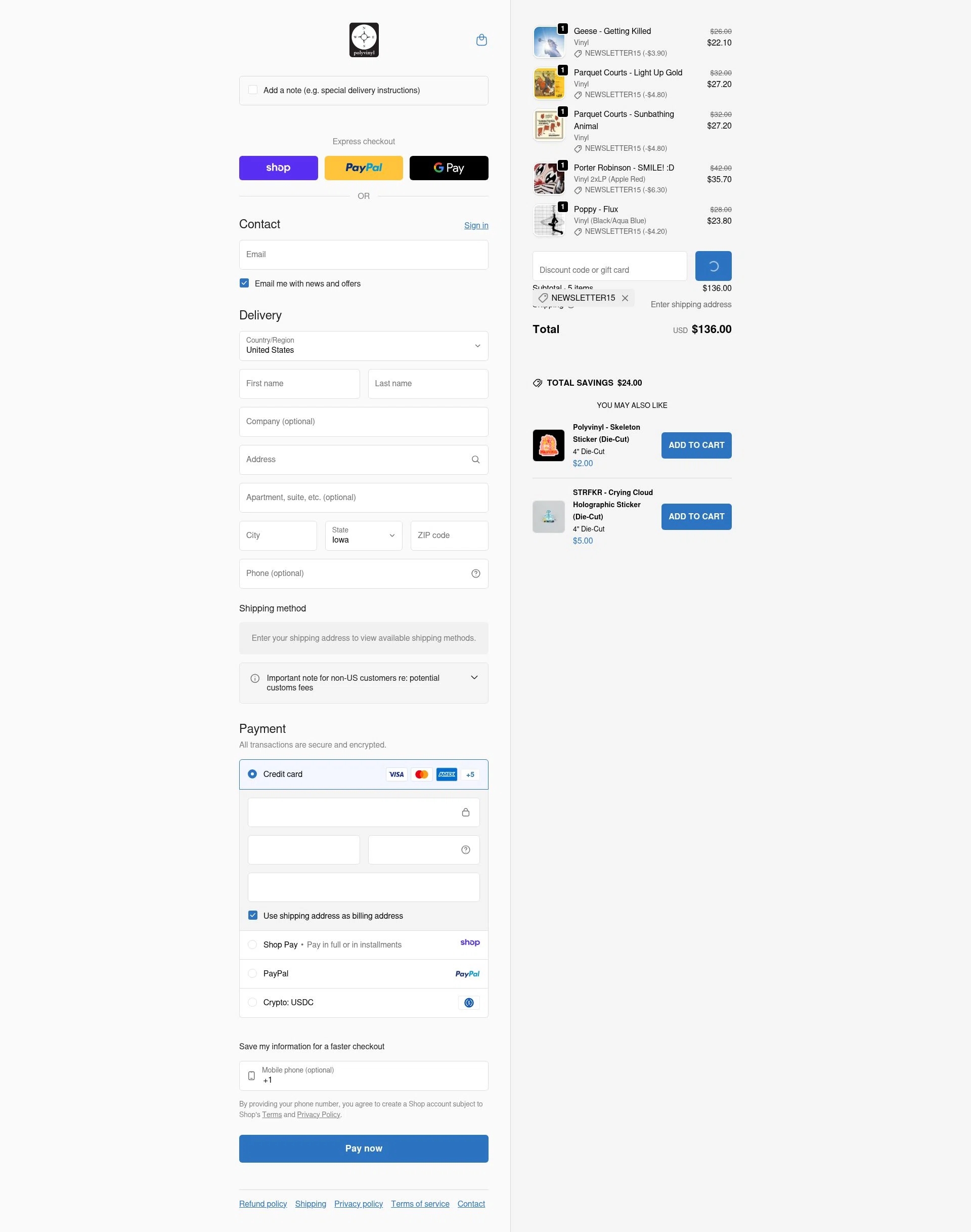 Polyvinyl Record Co. checkout page showing Polyvinyl Record Co. promo code box | Screenshot taken by SimplyCodes community member on Jan 17, 2026