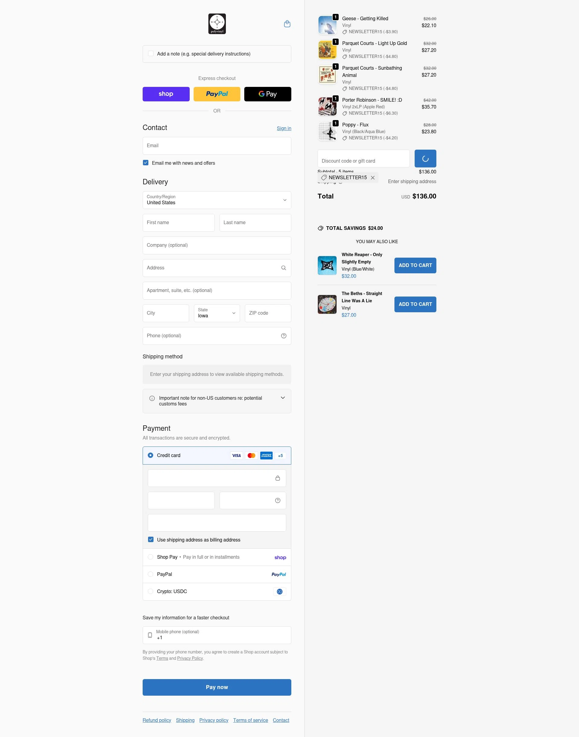 Polyvinyl Record Co. checkout page showing Polyvinyl Record Co. promo code box | Screenshot taken by SimplyCodes community member on Feb 5, 2026
