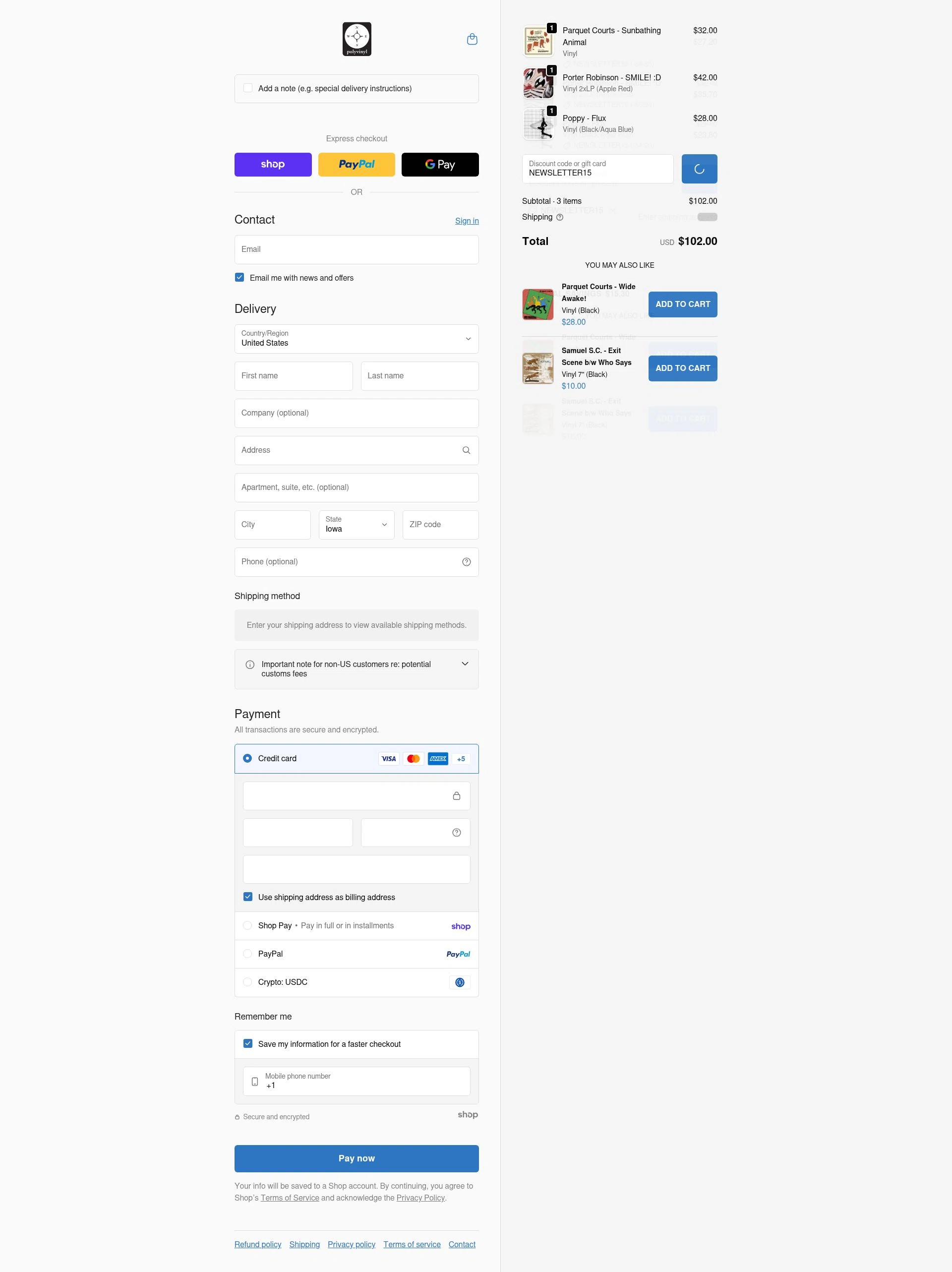 Polyvinyl Record Co. checkout page showing Polyvinyl Record Co. promo code box | Screenshot taken by SimplyCodes community member on Jan 27, 2026