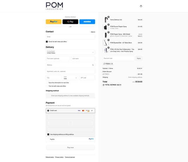 POM Industries checkout page showing POM Industries discount code box | Screenshot taken by SimplyCodes community member on Sep 12, 2025