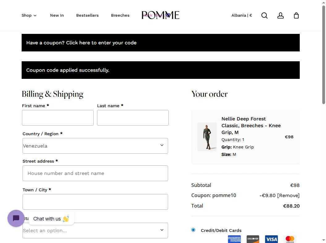 Pomme US checkout page showing Pomme US promo code box | Screenshot taken by SimplyCodes community member on Dec 3, 2025