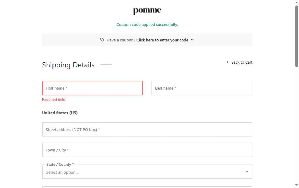 Pomme US checkout page showing Pomme US promo code box | Screenshot taken by SimplyCodes community member on May 15, 2025