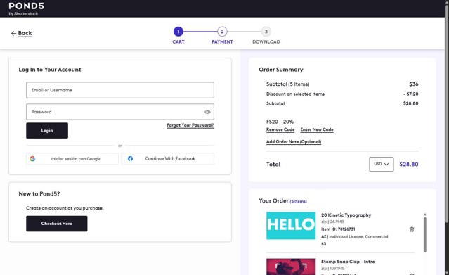 Pond5 checkout page showing Pond5 promo code box | Screenshot taken by SimplyCodes community member on Sep 5, 2025