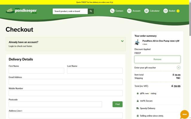 Pondkeeper checkout page showing Pondkeeper discount code box | Screenshot taken by SimplyCodes community member on Jul 18, 2025