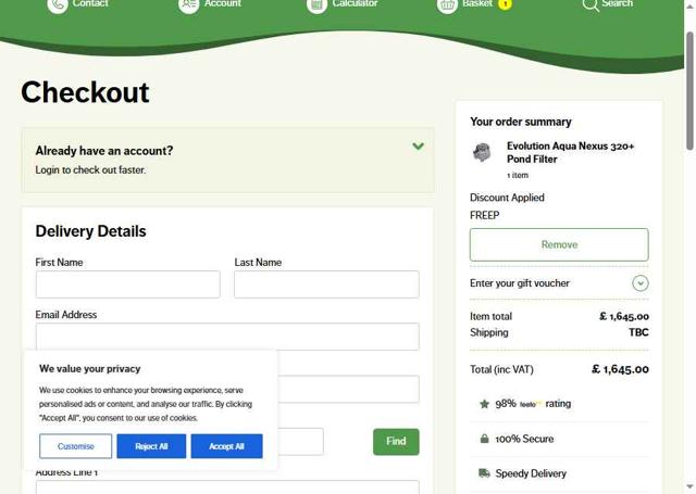Pondkeeper checkout page showing Pondkeeper discount code box | Screenshot taken by SimplyCodes community member on Aug 30, 2025