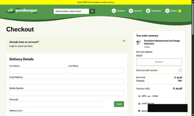 Pondkeeper checkout page showing Pondkeeper discount code box | Screenshot taken by SimplyCodes community member on Jul 18, 2025