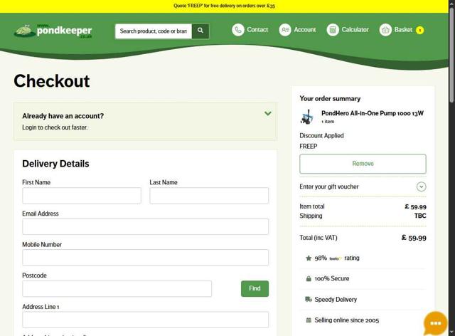 Pondkeeper checkout page showing Pondkeeper discount code box | Screenshot taken by SimplyCodes community member on Jul 18, 2025