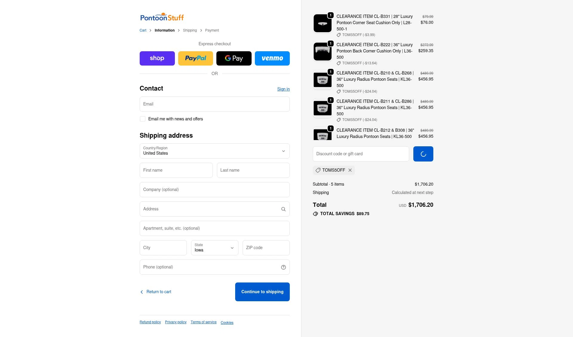 PontoonStuff checkout page showing PontoonStuff discount code box | Screenshot taken by SimplyCodes community member on Feb 5, 2026