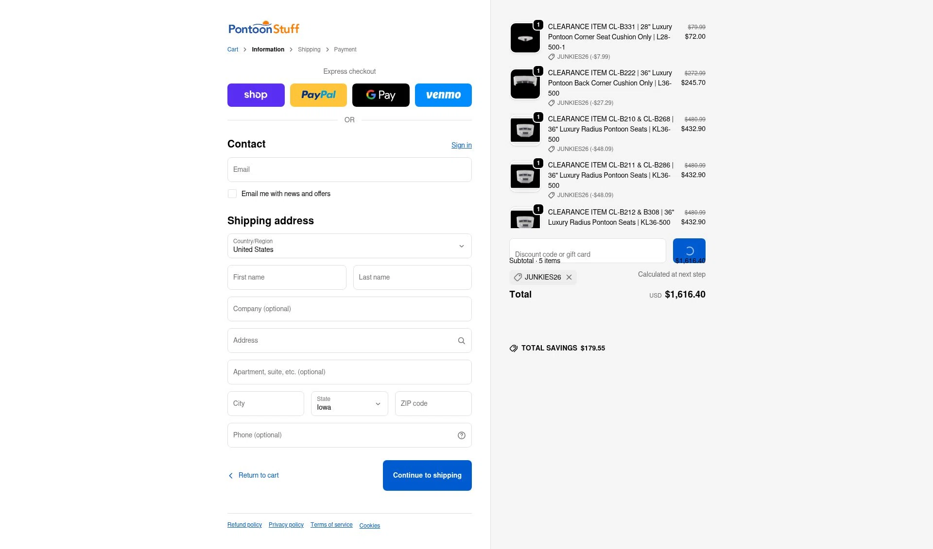 PontoonStuff checkout page showing PontoonStuff discount code box | Screenshot taken by SimplyCodes community member on Feb 18, 2026