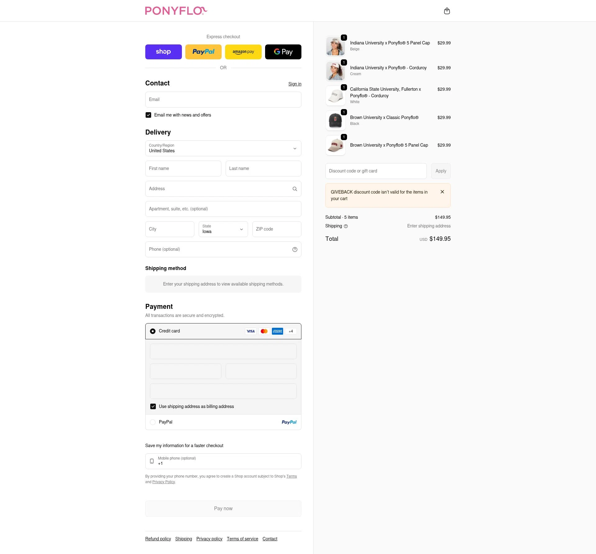 PonyFloHats checkout page showing PonyFloHats promo code box | Screenshot taken by SimplyCodes community member on Feb 23, 2026