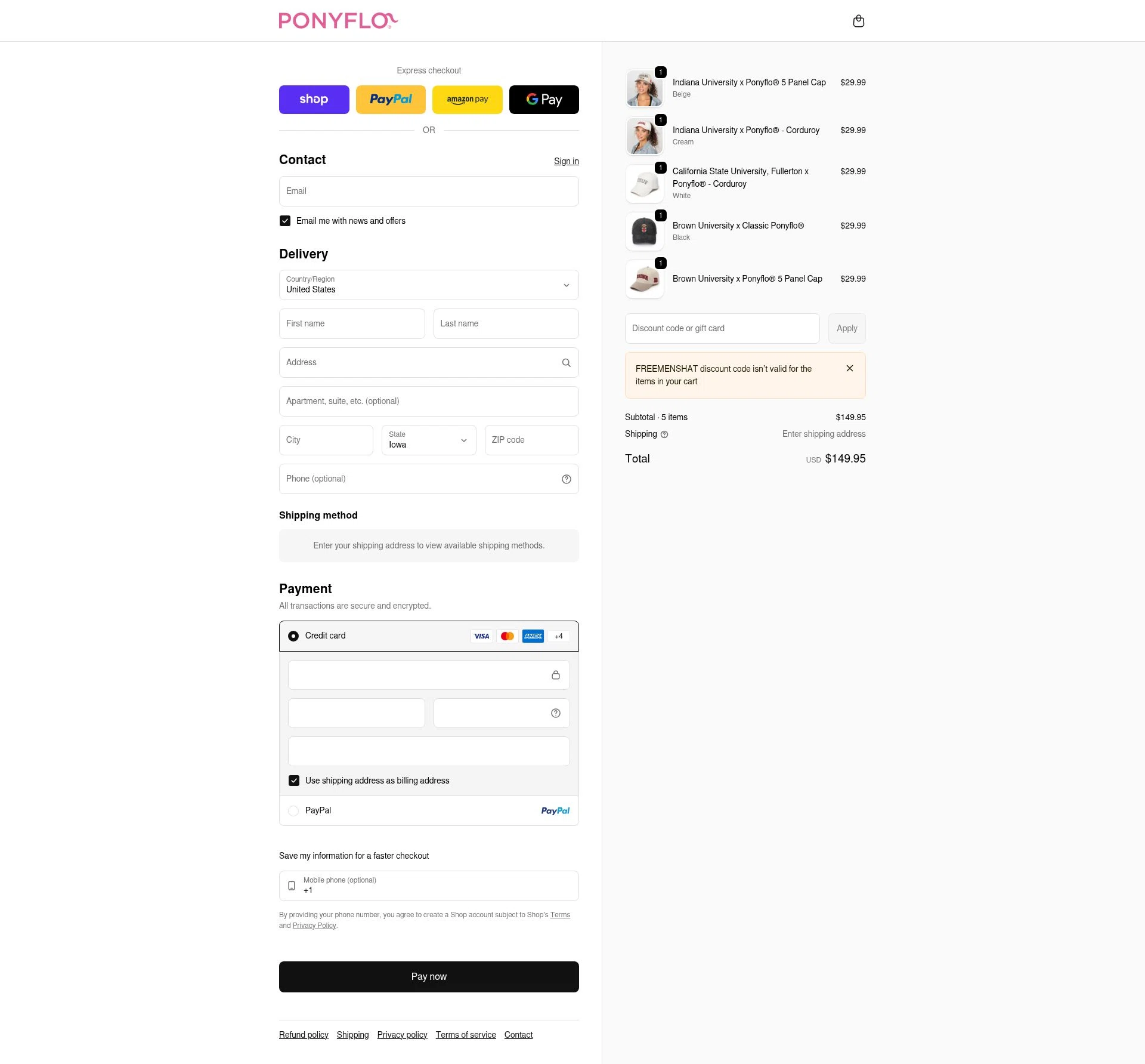 PonyFloHats checkout page showing PonyFloHats promo code box | Screenshot taken by SimplyCodes community member on Feb 23, 2026