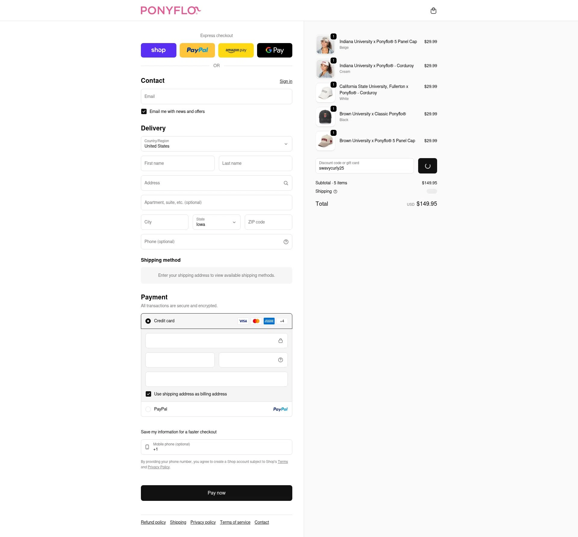 PonyFloHats checkout page showing PonyFloHats promo code box | Screenshot taken by SimplyCodes community member on Feb 23, 2026