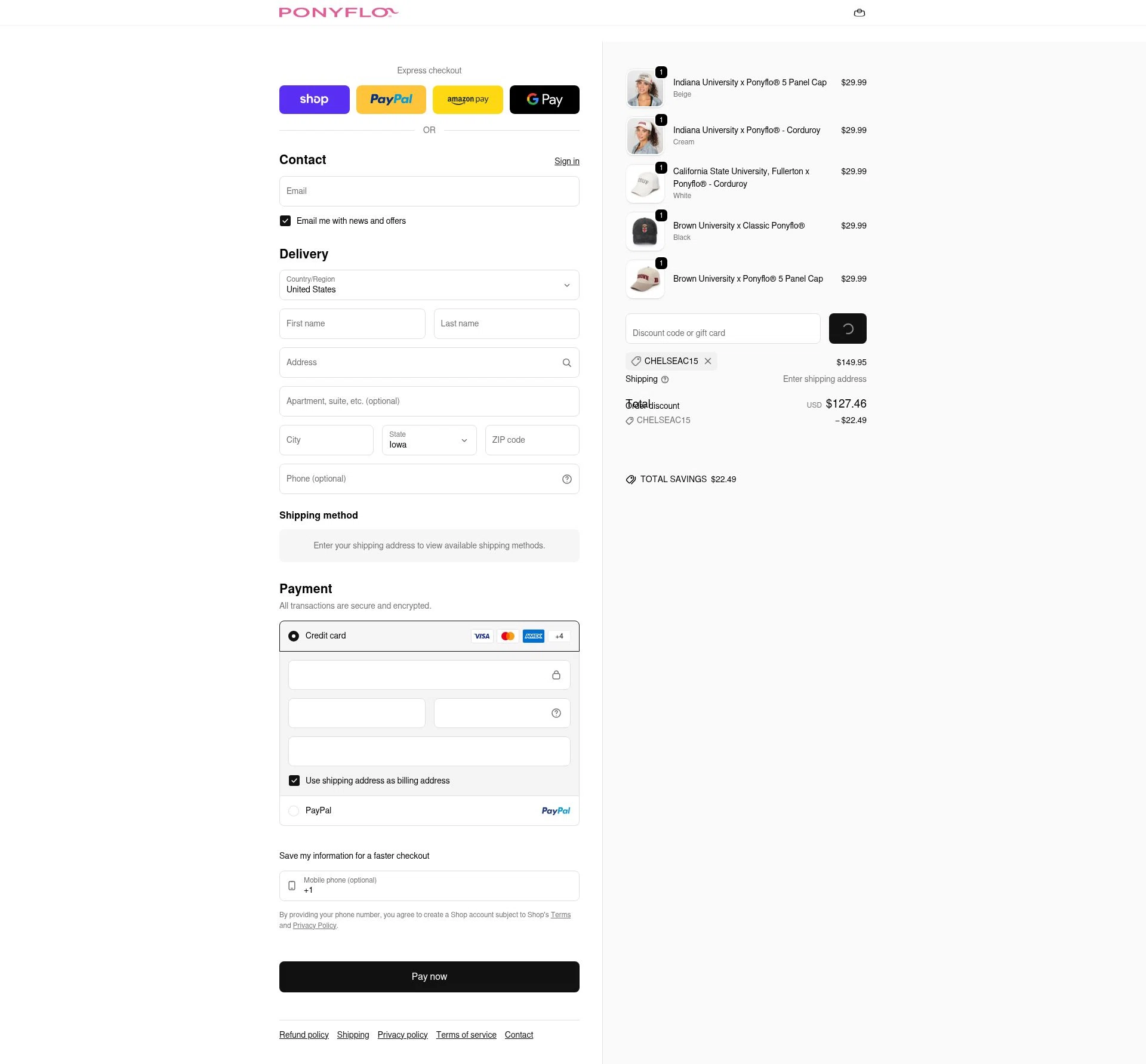 PonyFloHats checkout page showing PonyFloHats promo code box | Screenshot taken by SimplyCodes community member on Feb 23, 2026