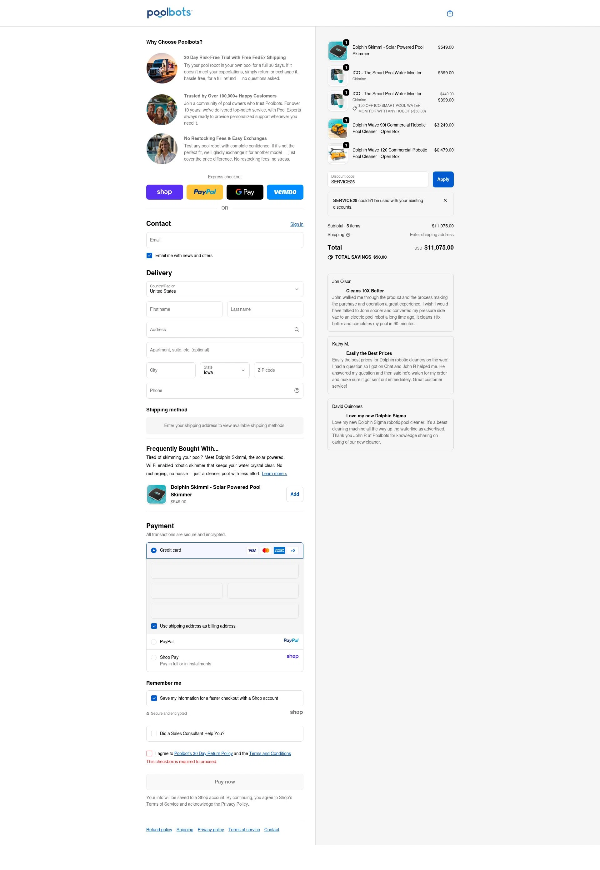 Poolbots checkout page showing Poolbots discount code box | Screenshot taken by SimplyCodes community member on Oct 2, 2025