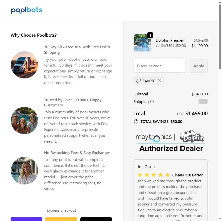 Poolbots checkout page showing Poolbots discount code box | Screenshot taken by SimplyCodes community member on Dec 23, 2025
