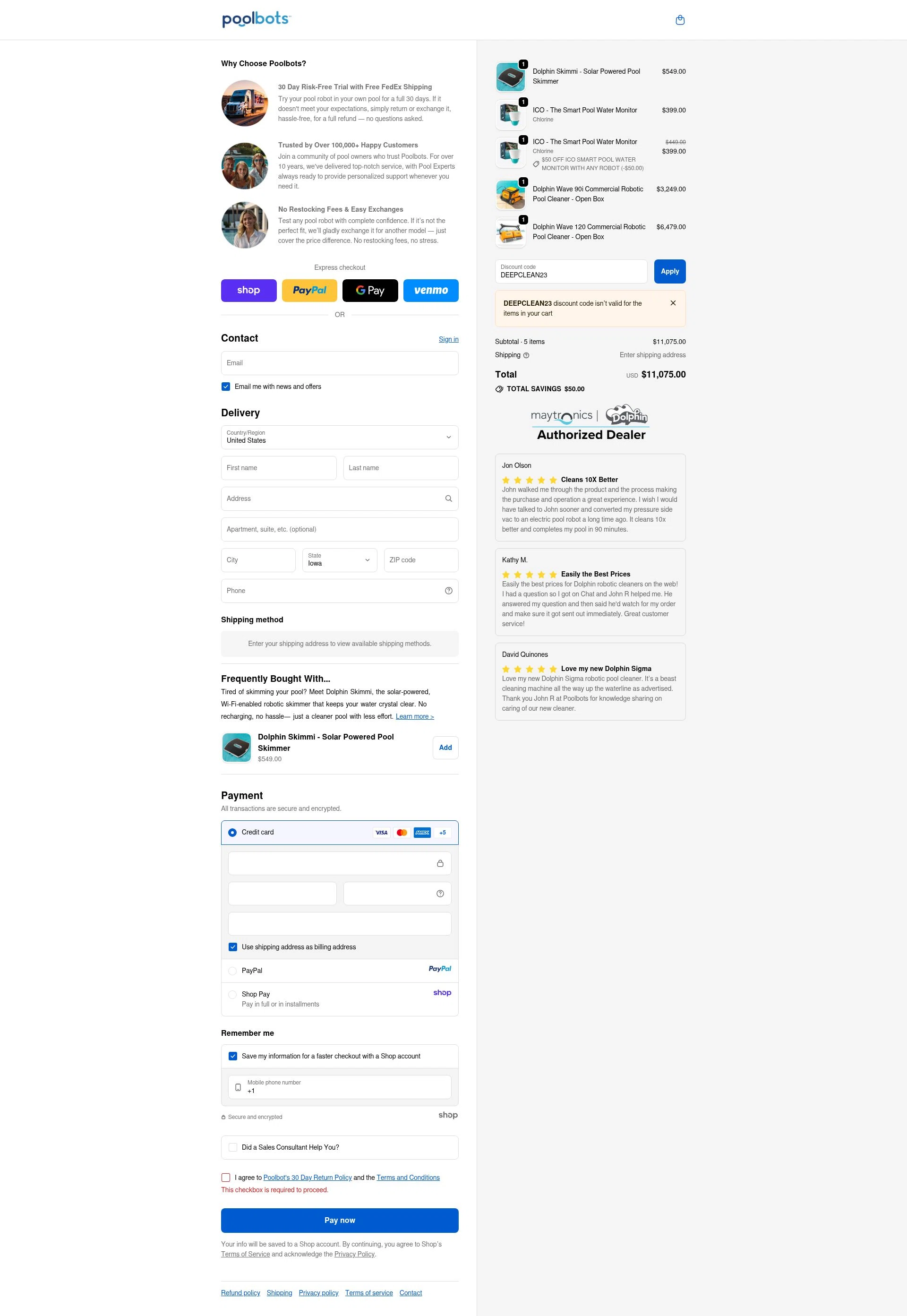 Poolbots checkout page showing Poolbots discount code box | Screenshot taken by SimplyCodes community member on Oct 2, 2025