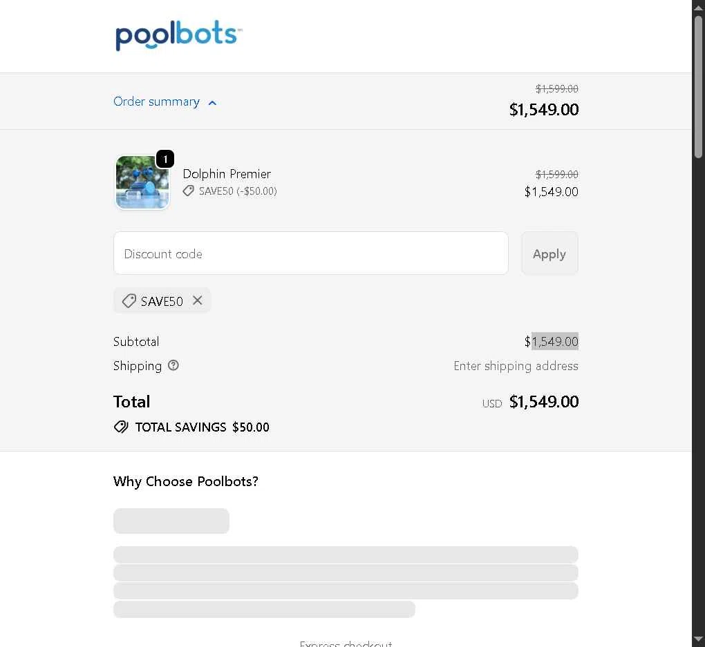 Poolbots checkout page showing Poolbots discount code box | Screenshot taken by SimplyCodes community member on Oct 26, 2025