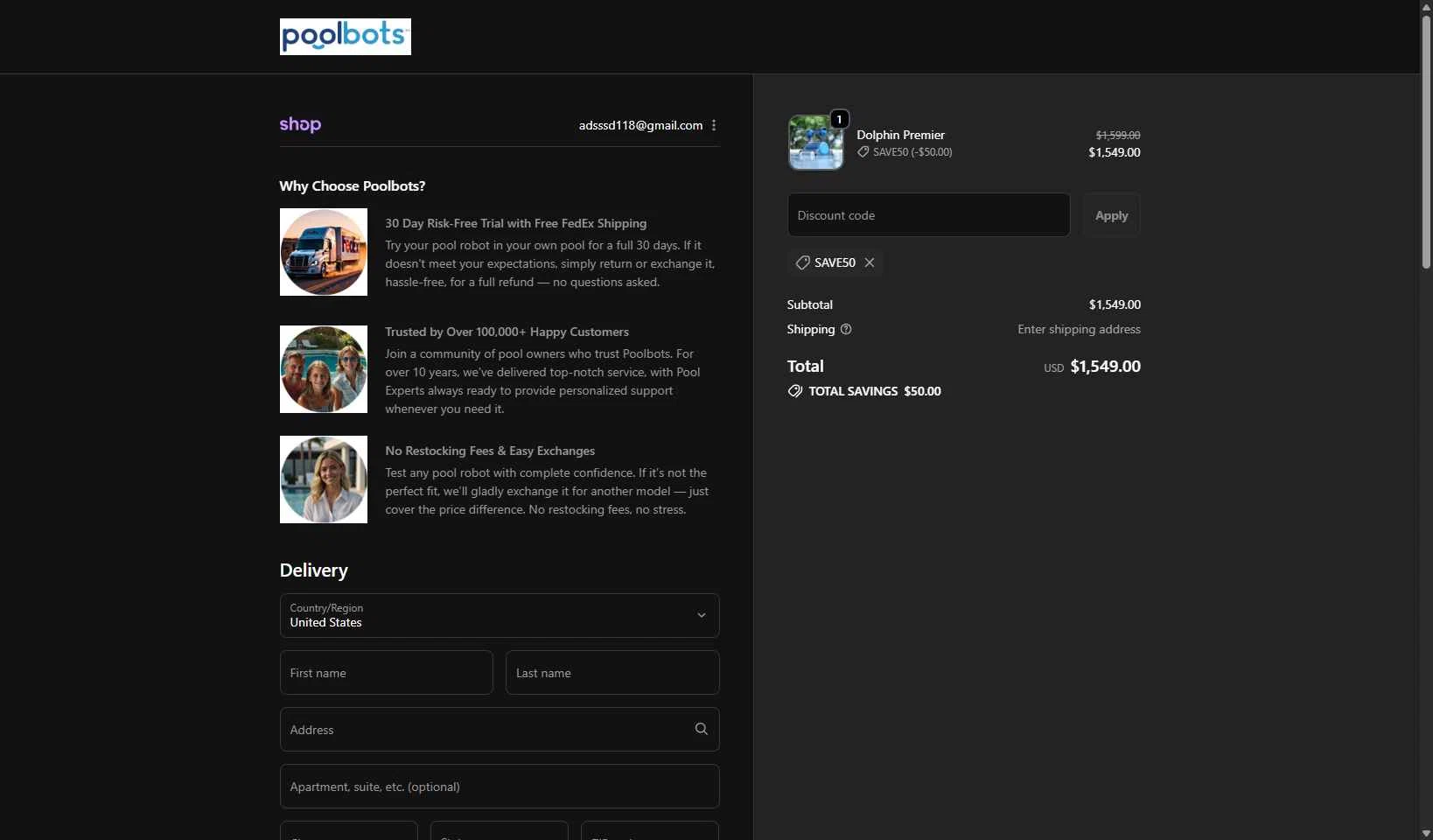 Poolbots checkout page showing Poolbots discount code box | Screenshot taken by SimplyCodes community member on Oct 26, 2025