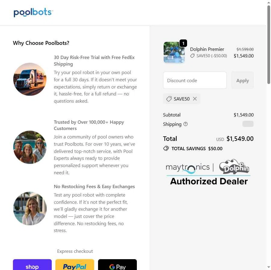Poolbots checkout page showing Poolbots discount code box | Screenshot taken by SimplyCodes community member on Nov 24, 2025