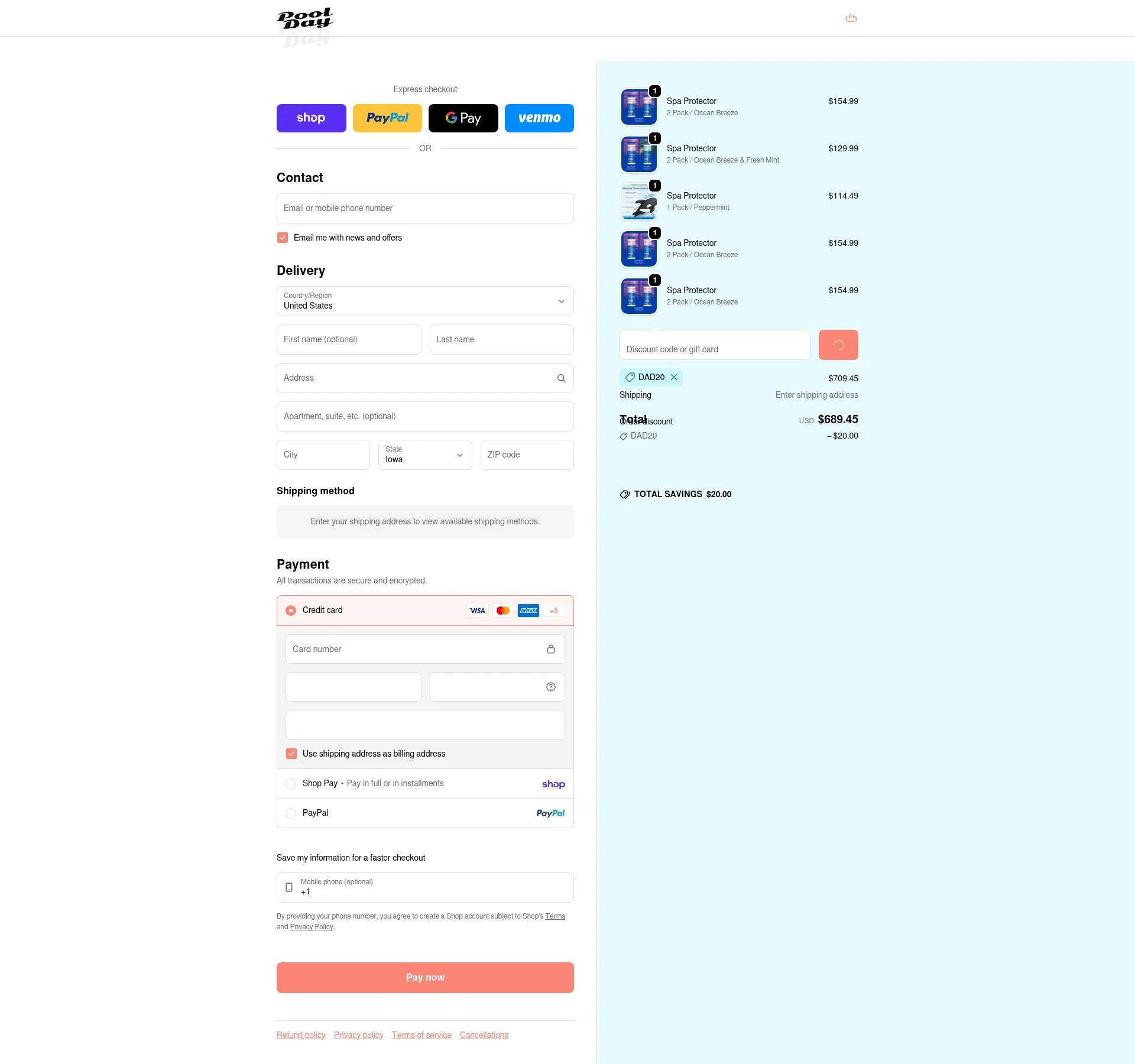 Pool Day checkout page showing Pool Day discount code box | Screenshot taken by SimplyCodes community member on Feb 7, 2026