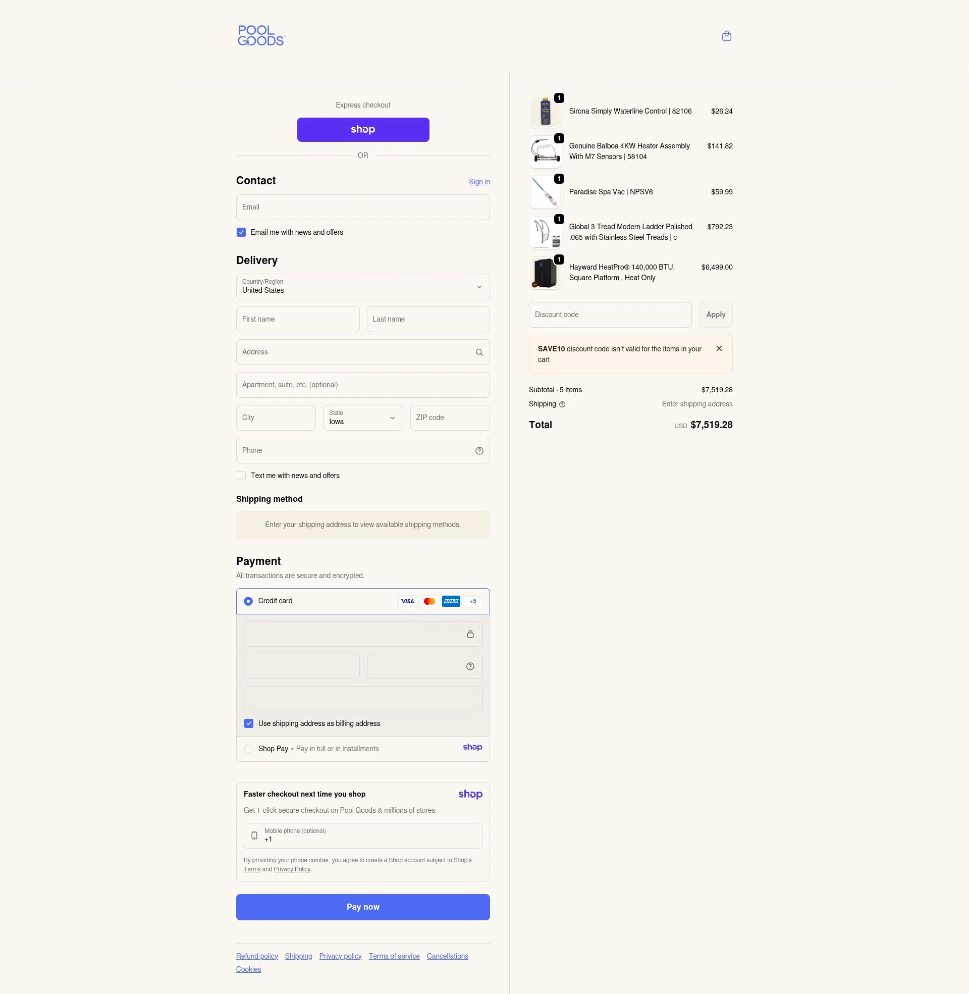 Pool Goods checkout page showing Pool Goods discount code box | Screenshot taken by SimplyCodes community member on Jan 11, 2026