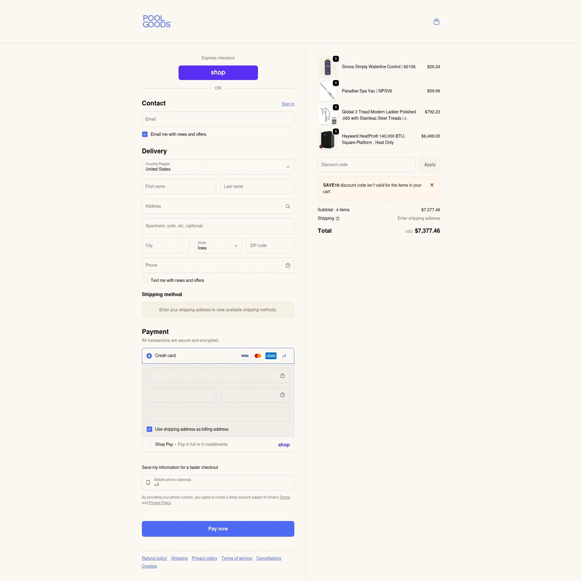 Pool Goods checkout page showing Pool Goods discount code box | Screenshot taken by SimplyCodes community member on Feb 4, 2026