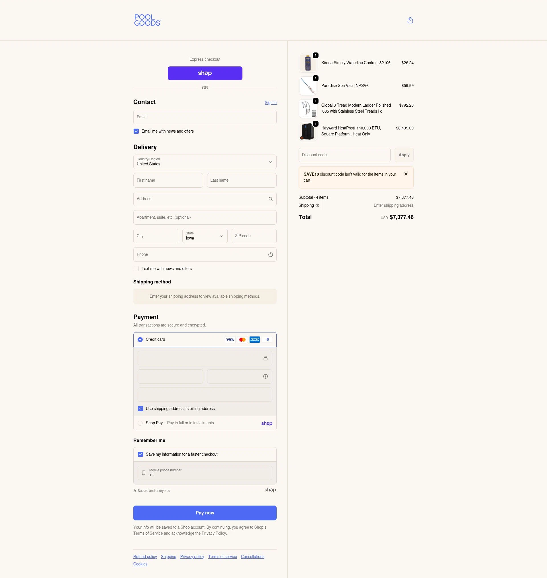 Pool Goods checkout page showing Pool Goods discount code box | Screenshot taken by SimplyCodes community member on Jan 26, 2026