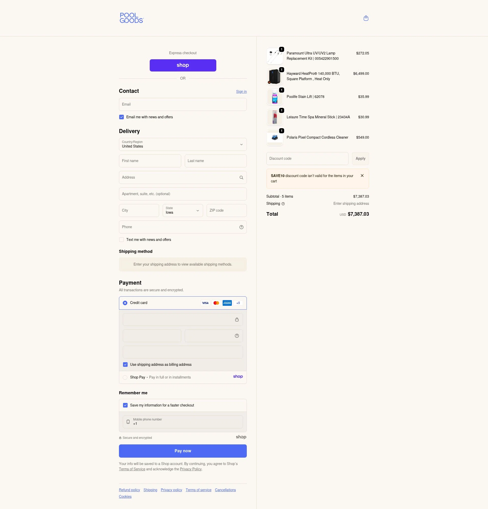 Pool Goods checkout page showing Pool Goods discount code box | Screenshot taken by SimplyCodes community member on Jan 6, 2026