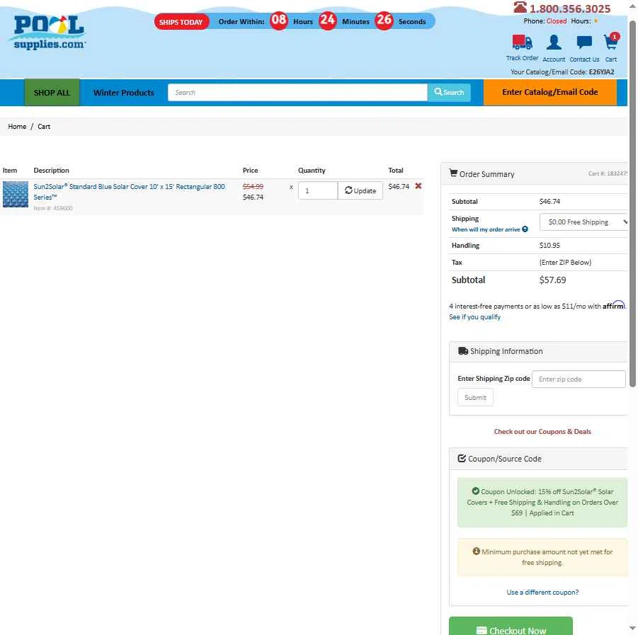 PoolSupplies checkout page showing PoolSupplies coupon code box | Screenshot taken by SimplyCodes community member on Jan 7, 2026