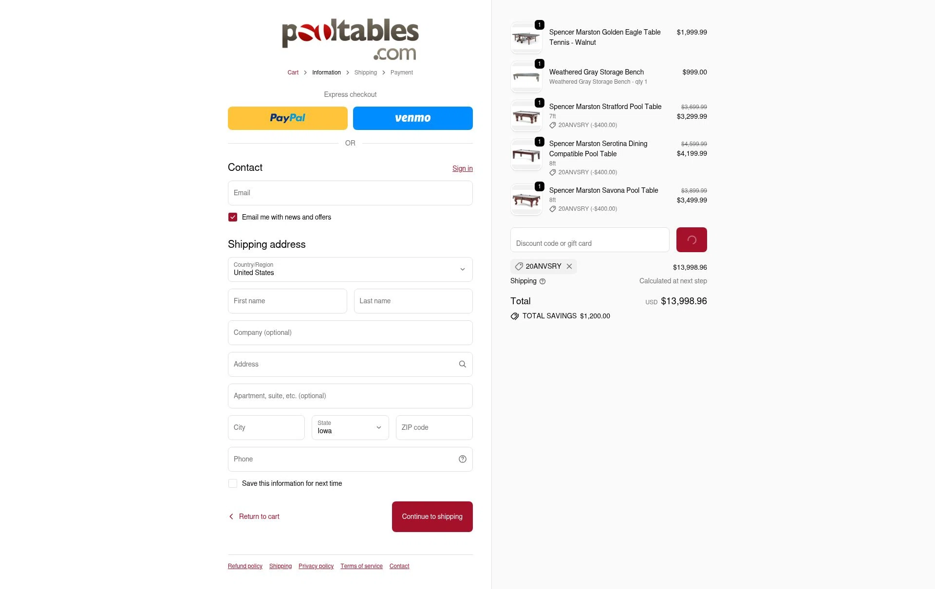 PoolTables.com checkout page showing PoolTables.com promo code box | Screenshot taken by SimplyCodes community member on Jan 7, 2026