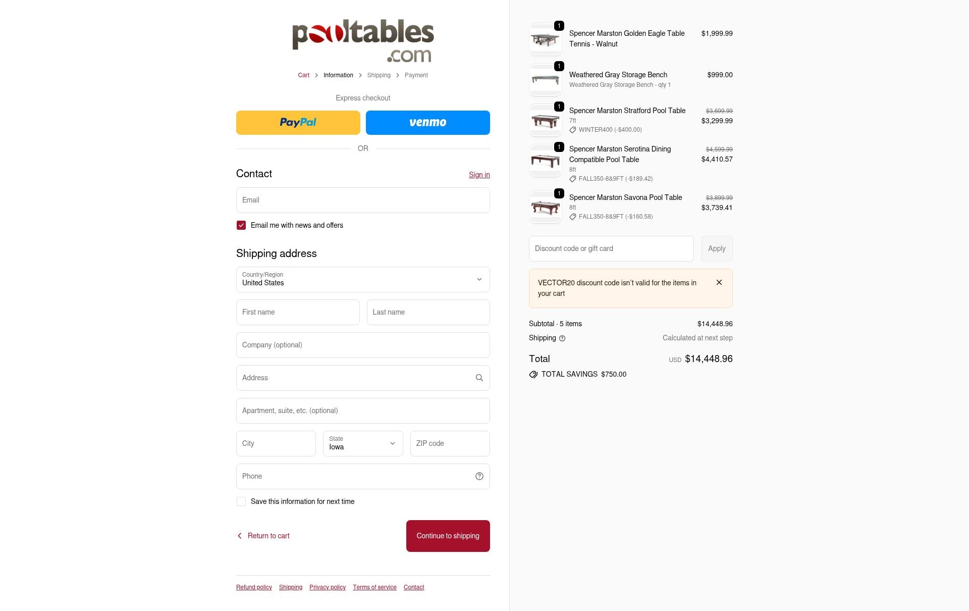 PoolTables.com checkout page showing PoolTables.com promo code box | Screenshot taken by SimplyCodes community member on Jan 7, 2026