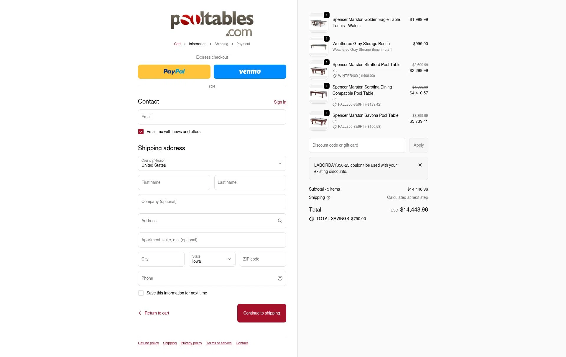 PoolTables.com checkout page showing PoolTables.com promo code box | Screenshot taken by SimplyCodes community member on Jan 7, 2026