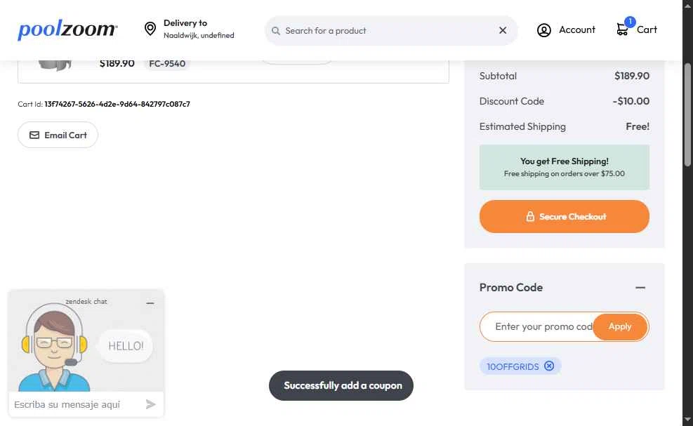 PoolZoom.com checkout page showing PoolZoom.com promo code box | Screenshot taken by SimplyCodes community member on Jul 28, 2025