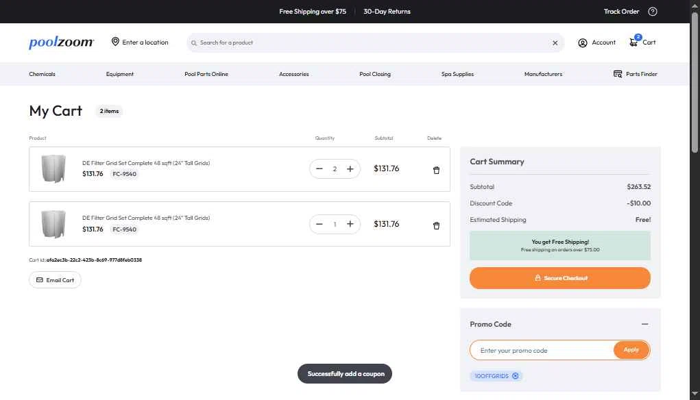 PoolZoom.com checkout page showing PoolZoom.com promo code box | Screenshot taken by SimplyCodes community member on Oct 7, 2025