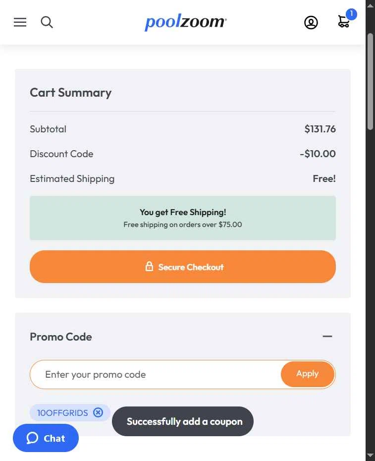 PoolZoom.com checkout page showing PoolZoom.com promo code box | Screenshot taken by SimplyCodes community member on Sep 11, 2025